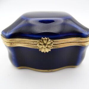 Limoges France Cobalt Blue Porcelain Gold Tone Hinged Gold Trim Trinket Box